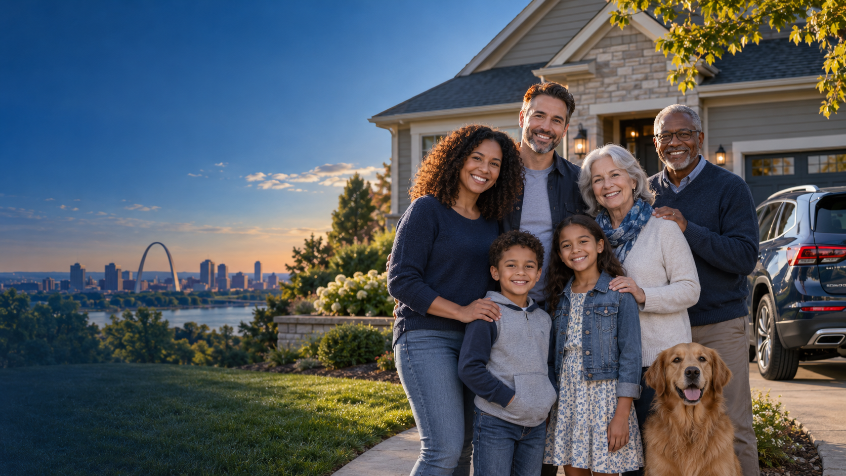 A family outside their home with their vehicle